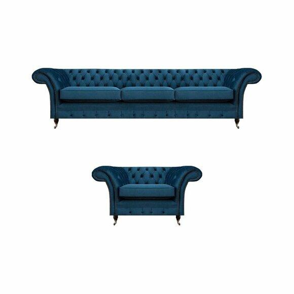 Moderne Blaue Chesterfield Sofas Wohnzimmer Dreisitzer Sessel Couchen von JV Moebel
