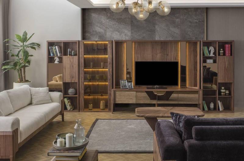 Moderne Braune Wohnwand Wohnzimmer Holzwand Mux LED-Regalen Wohnwände von JV Moebel