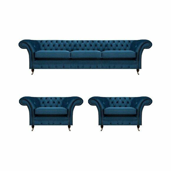 Moderne Chesterfield Blaue Sessel Luxuriöser Dreisitzer Wohnzimmer Möbel von JV Moebel