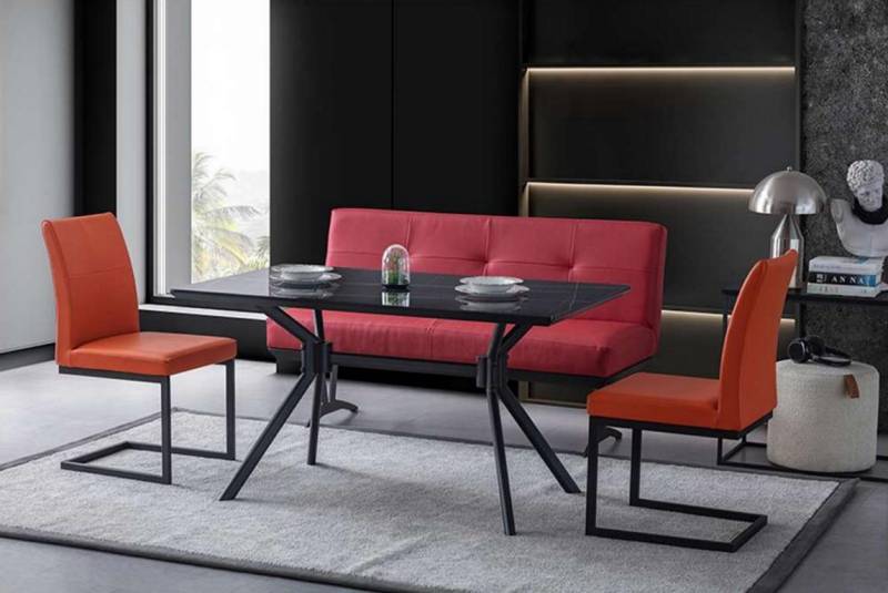Moderne Esszimmer Möbel Schwarzer Esstisch Kunstleder Stühle Luxus Bank von JV Möbel