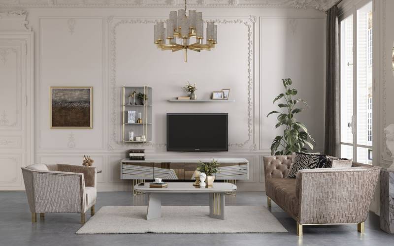 Moderne Graue Wohnzimmer Garnitur Luxus TV-Schrank Wandschränke Regale von JV Möbel