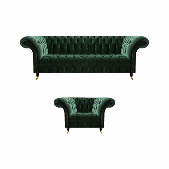 Moderne Grüne Chesterfield SItzgarnitur Komplette Couchen Sessel 2tlg von JV Moebel