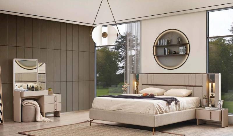 Moderne Schlafzimmer Möbel Beiges Doppelbett 2x Nachttische Schminktisch von JV Möbel