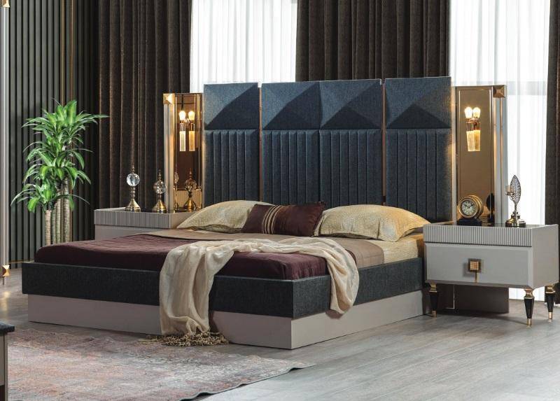 Moderne Schlafzimmer Möbel Designer Graues Bett 2x Holz Nachttische 3tlg von JV Möbel