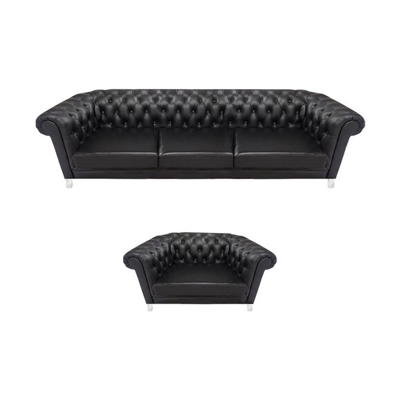 Moderne Schwarze Chesterfield Polstermöbel Exklusives Ledersofa Sessel von JV Moebel