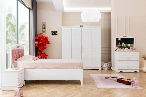 Moderne Weiße Kinderzimmer Möbel Luxus Garnitur Kinderbett Kommode 5tlg von JV Moebel