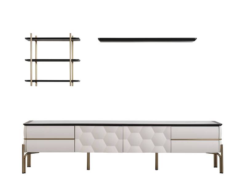 Moderne Weiße Wohnwand Praktischer TV-Schrank Luxuriöse Regale 3tlg Set von JV Möbel
