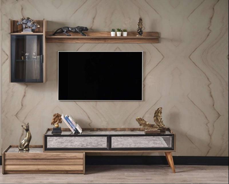 Moderne Wohnwand Designer Holz TV-Schrank Luxus Wandschrank Regal 3tlg von JV Möbel