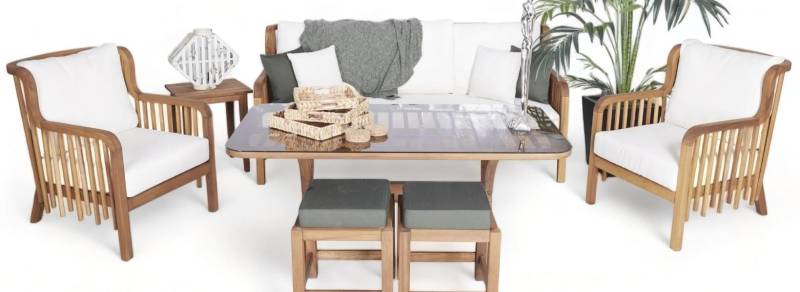 Moderner Gartenmöbel 6tlg Sofagarnitur 3+1+1 Sitzer 2x Hocker Holz Esstisch Moderner Gartenmöbel 6tlg Sofagarnitur 3+1+1 Sitzer 2x Hocker Holz Esstisch von JV Möbel