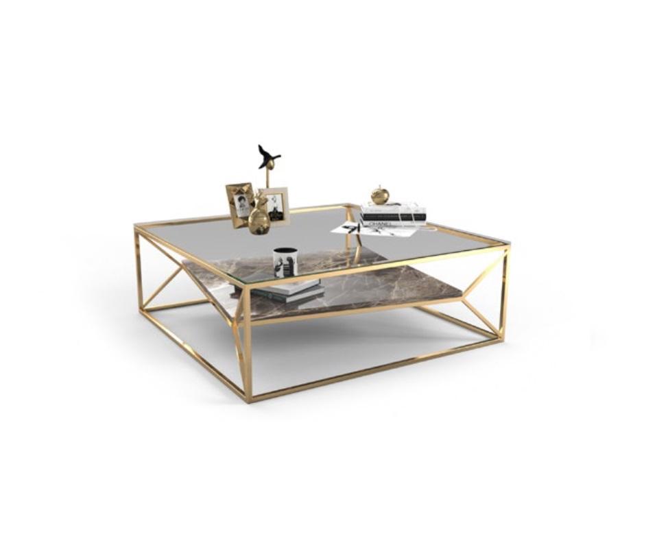 Moderner Marmor Wohnzimmer Couchtisch Luxus Edelstahl Tisch Glasplatte von JV Möbel