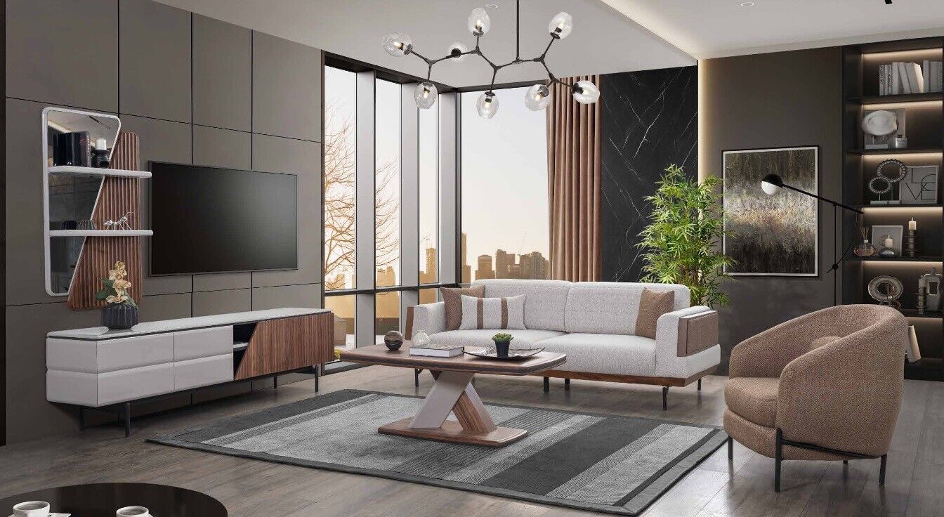 Modernes Wohnzimmer Set 3-Sitzer Couchtisch TV-Ständer Wandregal 5tlg Modernes Wohnzimmer Set 3-Sitzer Couchtisch TV-Ständer Wandregal 5tlg von JV Möbel