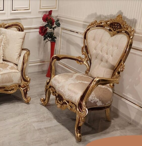 Ohrensessel Sessel Luxus Design Polster Sofa Couch Chesterfield Textil Gold Neu von JV Möbel