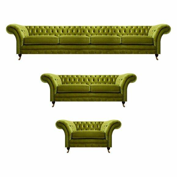 Olivengrüne Chesterfield Sofas Moderne Sitzgarnitur Lehnsessel 2-Sitzer von JV Moebel