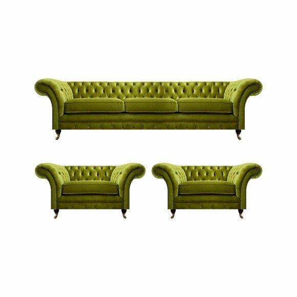 Olivengrüne Wohnzimmer Garnitur Chesterfield Polstercouch 2x Sessel 3tlg von JV Moebel