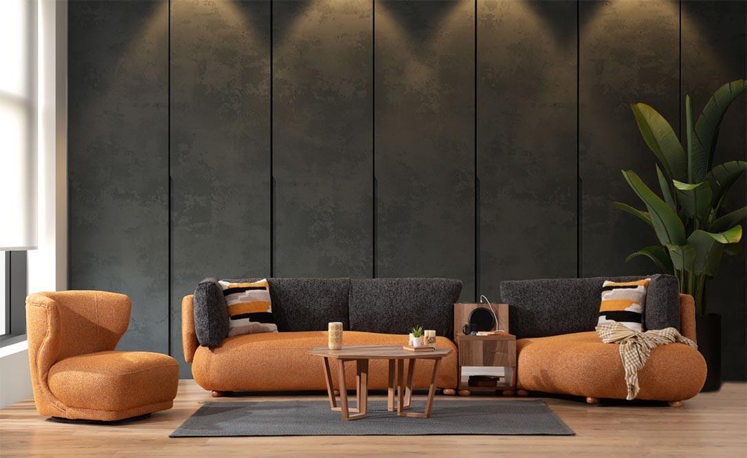 Orange Wohnzimmer Garnitur Stilvolle L-Form Couch Designer Polstersessel Orange Wohnzimmer Garnitur Stilvolle L-Form Couch Designer Polstersessel von JV Möbel