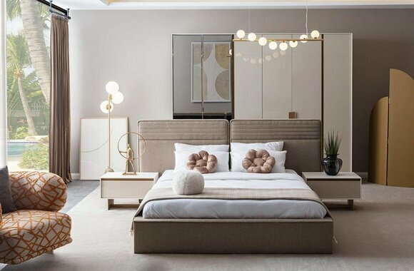 Polsterbett 2x Nachttische Holz Luxuriöses Beige Schlafzimmerset neu von JV Moebel