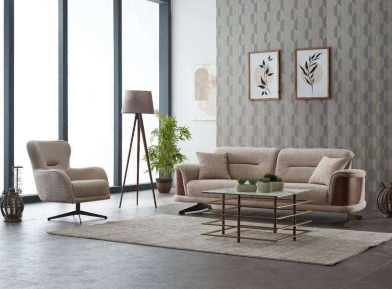 Polstersofa Couchgarnitur Dreisitzer Sessel Beige Couch Stoffsofa 2tlg von JV Möbel