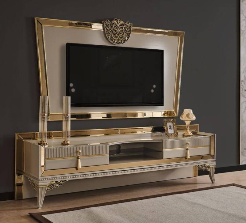 RTV Lowboard TV Ständer Sideboard Grau Luxus Wohnzimmer Gold Set Neu von JV Möbel