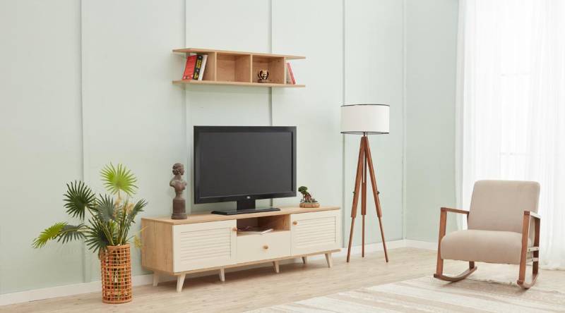 Schaukelsessel TV Ständer Wandregal Beige Wohnzimmer Set Holzmöbel Modern von JV Möbel