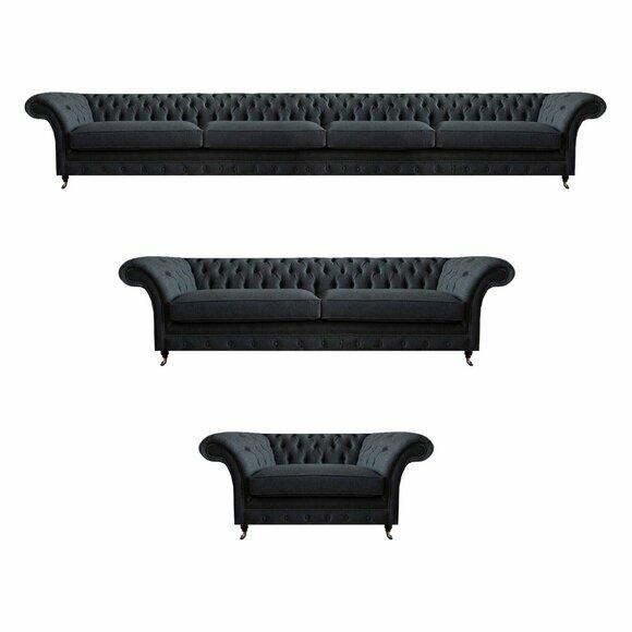 Schicke Chesterfield Sofagarnitur Dunkelgrauer 4-Sitzer Zweisitzer Sessel von JV Moebel