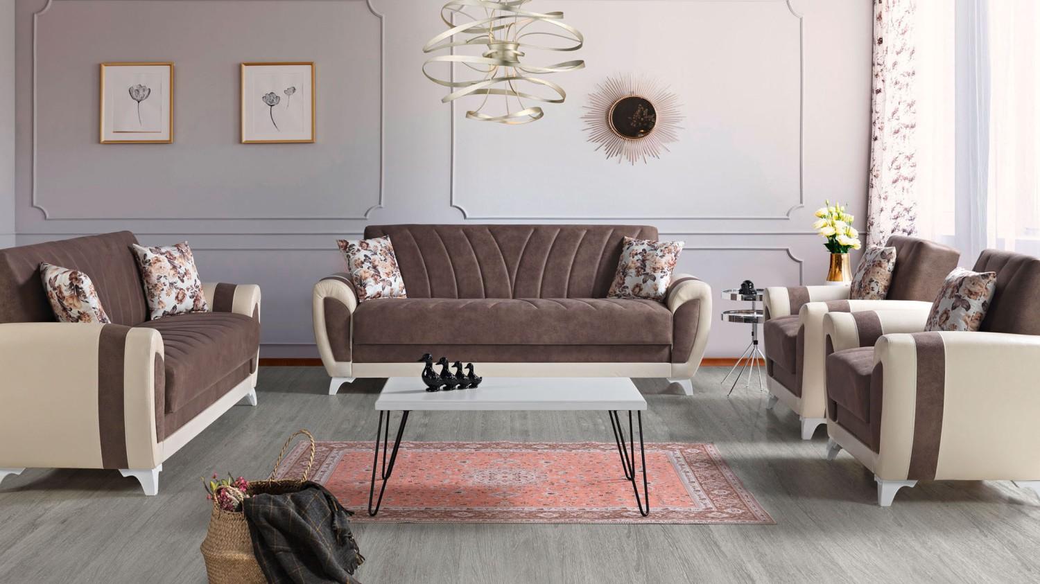 Schlafsofa Sofagarnitur 3+2+1+1 Sitzer Textil Sofa Sessel Komplett Set Braun von JV Möbel