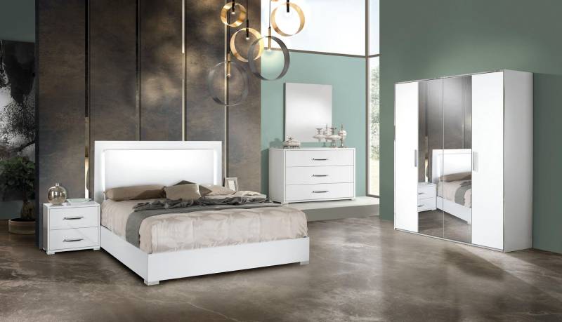 Schlafzimmer Bett Nachttisch Kleiderschrank Kommode Spiegel Modern Weiß Set 6tlg von JV Möbel