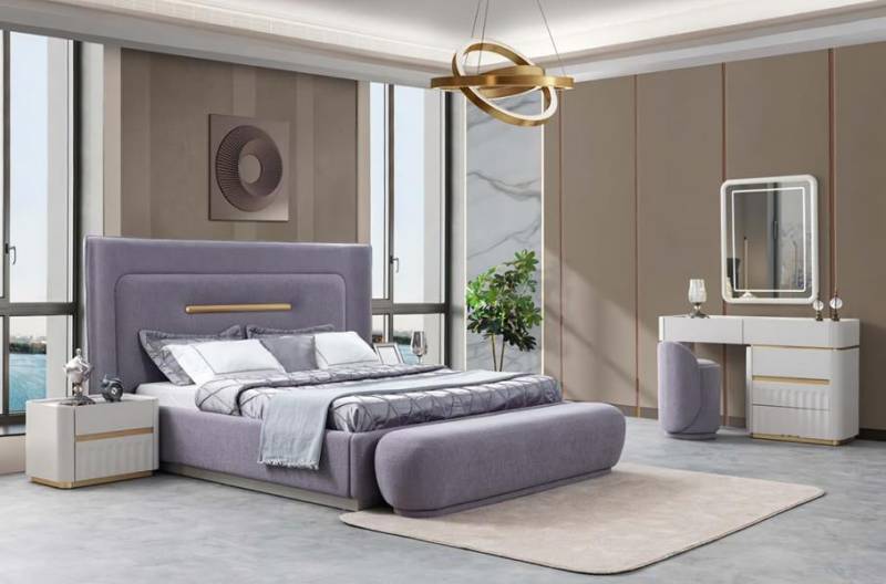 Schlafzimmer Bett Sitzbank Nachttische Schminktisch Pouf Spiegel Violett 7tlg von JV Möbel