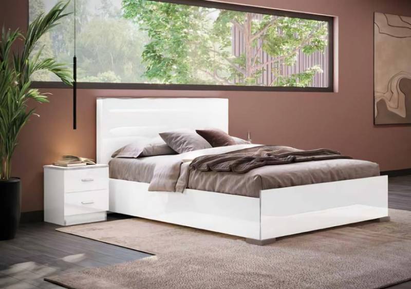 Schlafzimmer Komplette Bett mit LED Nachttisch Hochglanz Weiß Holz von JV Möbel