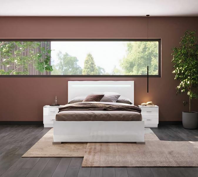 Schlafzimmer Komplette Bett mit LED Nachttische Weiß Holz Hochglanz von JV Möbel