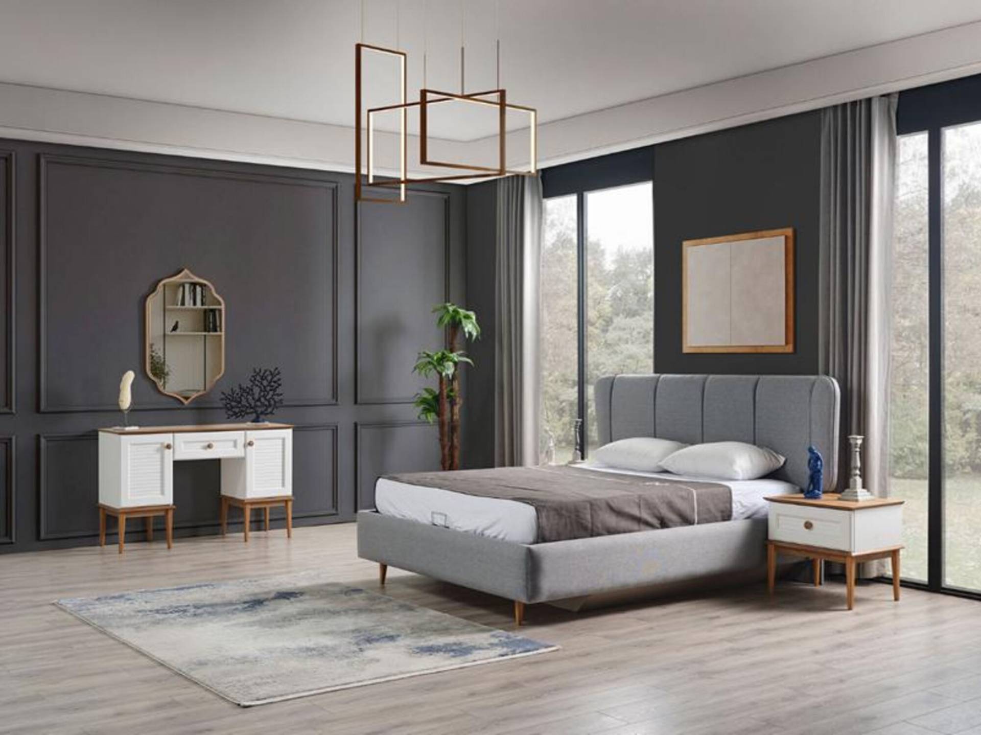 Schlafzimmer Set 5 tlg Komplettes Bett 2x Nachttische Schminktisch mit Spiegel von JV Möbel