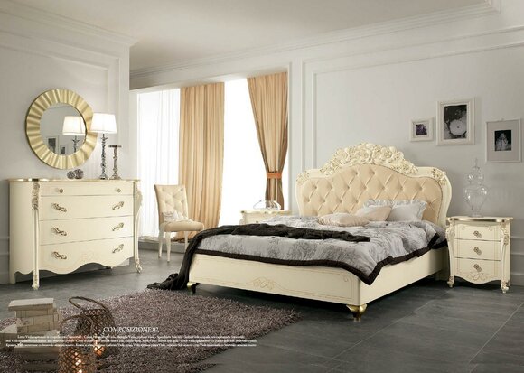 Schlafzimmer Set Beige Schlafzimmer Bett Nachttisch Kommode Spiegel Stuhl 6tlg. von JV Möbel