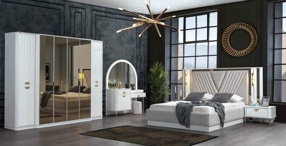 Schlafzimmer Set Bett Nachttisch Kommode Spiegel Kleiderschrank 5tlg. von JV Möbel