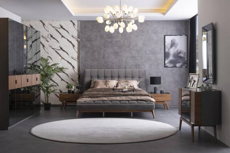 Schlafzimmer Set Doppelbett 2x Nachttische Kommode Spiegel Kleidershrank von JV Möbel