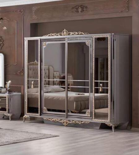 Schrank Kleiderschrank Schlafzimmerschrank Spiegel Gold Grau Schränke von JV Möbel