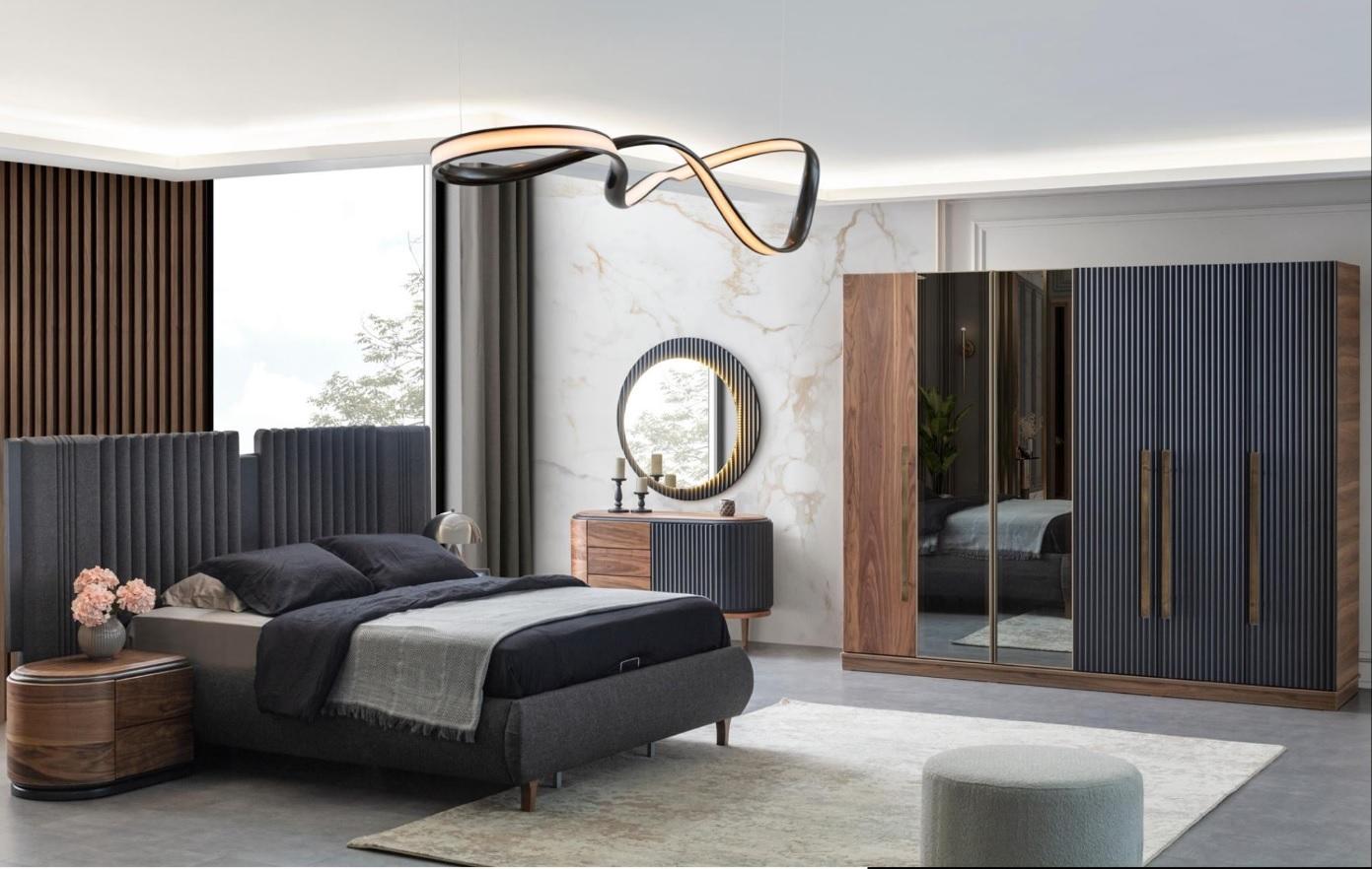 Schwarz-Beige Schlafzimmer Garnitur Designer Doppelbett 2x Nachttische Schwarz-Beige Schlafzimmer Garnitur Designer Doppelbett 2x Nachttische von JV Möbel