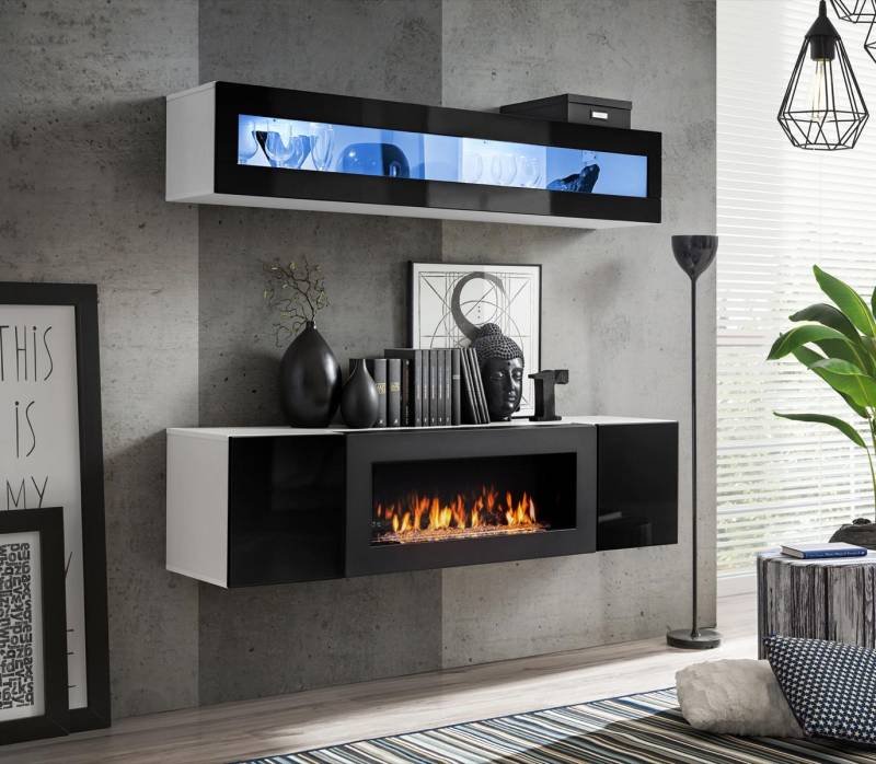 Schwarz Hänge Schrank Holzmöbel Hochglanz Sideboard Designer Komplett Wohnwand von JV Möbel