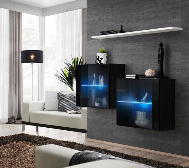 Schwarz Wandschrank Komplett Wohnwand Wand Regal Modern Designer Holzmöbel von JV Möbel