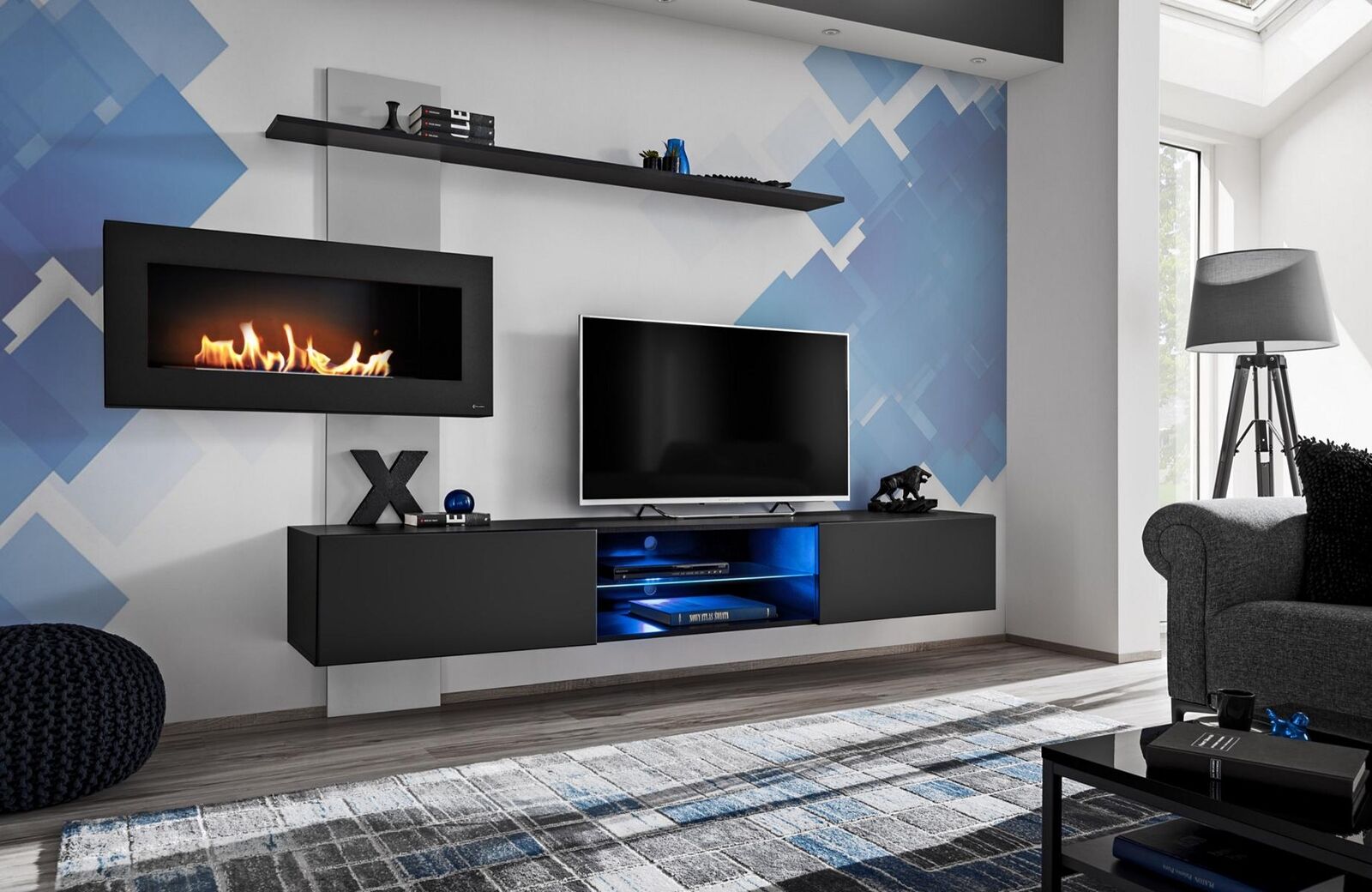 Schwarz Wohnwand mit Kamin Wohnzimmer Designer Modern Möbel TV Ständer Schwarz Wohnwand mit Kamin Wohnzimmer Designer Modern Möbel TV Ständer von JV Möbel