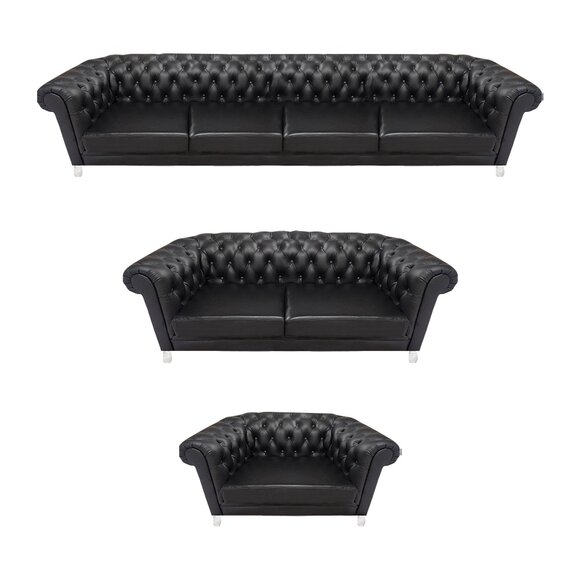 Schwarze Chesterfield Ledergarnitur Designer 4-Sitzer Zweisitzer Sessel von JV Moebel