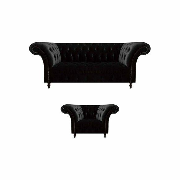 Schwarze Wohnzimmer Chesterfield Garnitur Designer Dreisitzer 2-Sitzer von JV Moebel