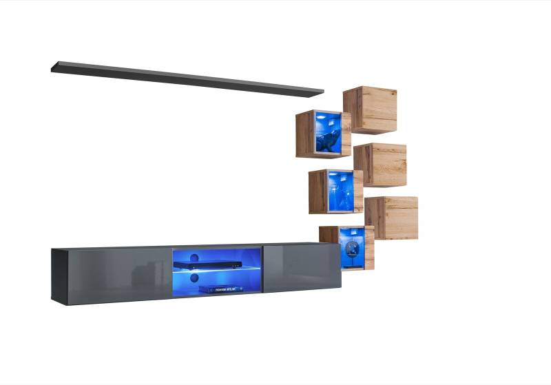 Set 8tlg Designer Wohnwand Grau Einrichtung Holzmöbel Wandschrank Neu von JV Möbel