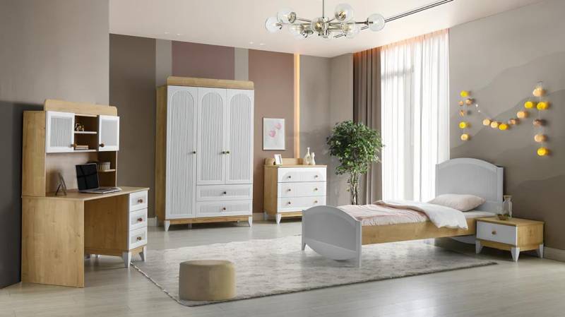Set Bett Nachttisch Kommode Kleiderschrank und Schreibtisch Schlafzimmer 5tlg von JV Möbel