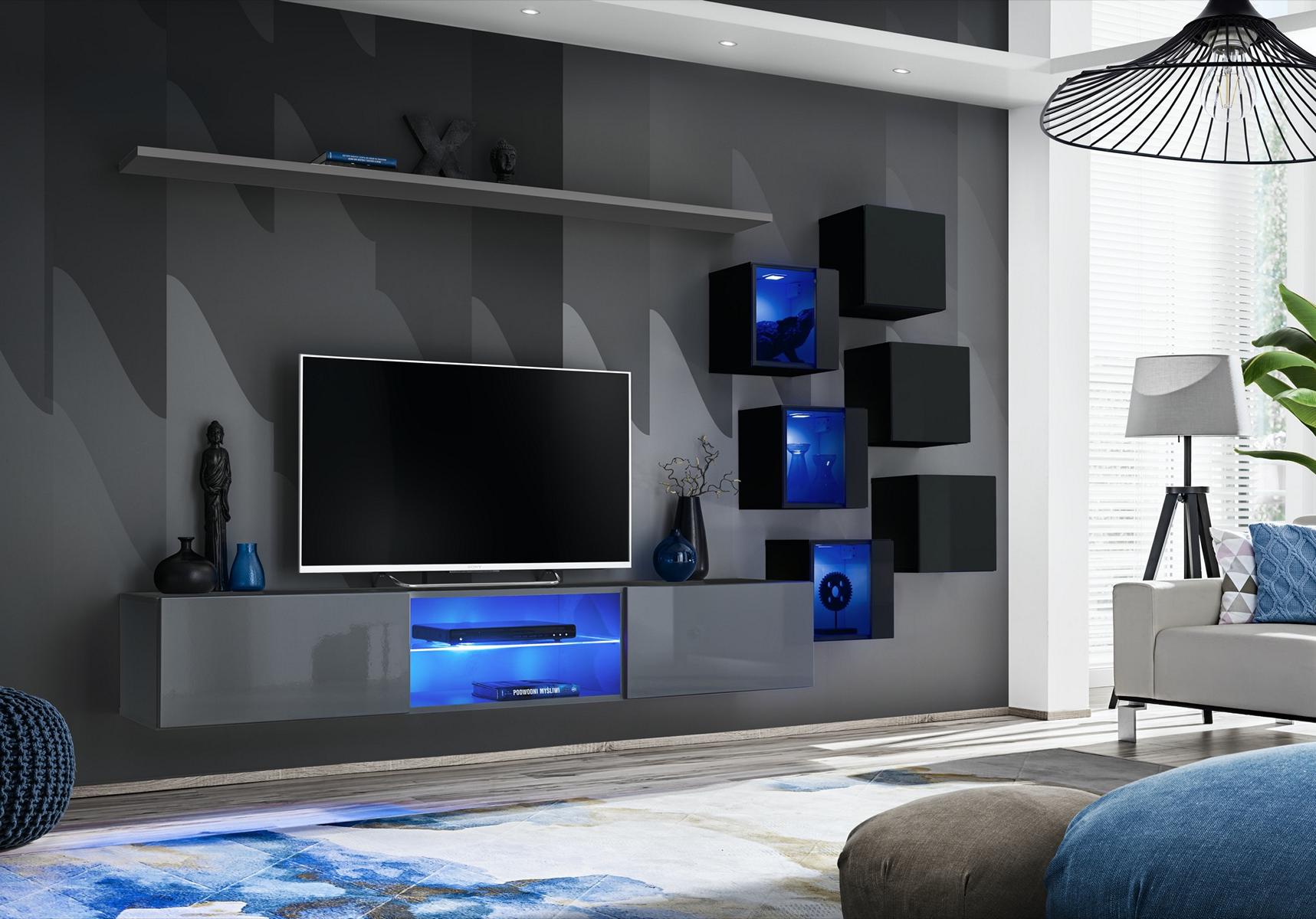 Set Modern Grau Einrichtung Wohnwand TV-Ständer Sideboard Holzmöbel Wandschrank von JV Möbel