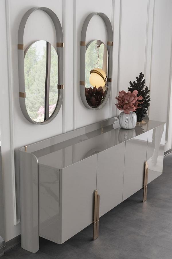 Sideboard Anrichte mit 2x Designer Spiegele Oval Hochglanz Edelstahl von JV Möbel