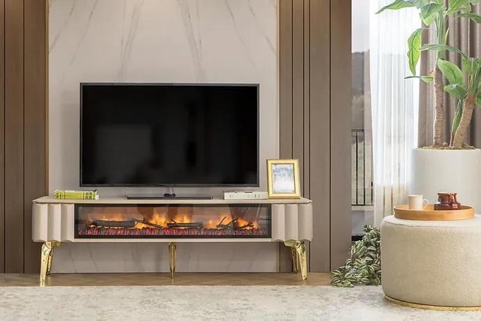 Sideboard RTV Wohnzimmer Luxusmöbel Kamin Beige MDF Metall Lowboard von JV Möbel