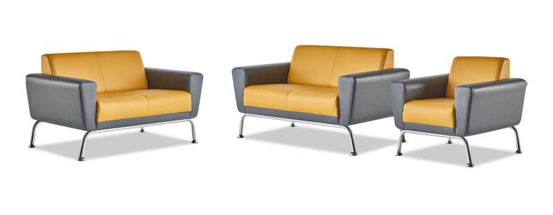Sitzmöbel-Set Leder Ledersofas 2-Sitzer Sessel Gelb Grau Edelstahl Holz von JV Möbel