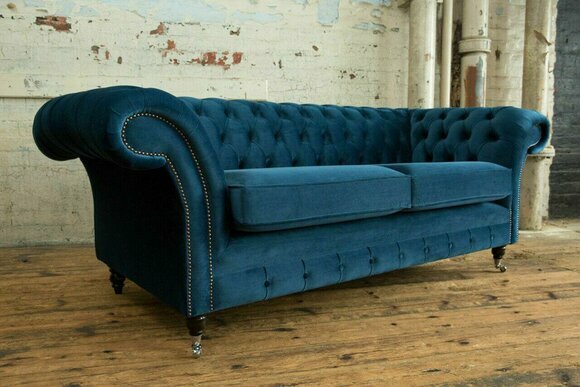 Sofa Luxus Textil Chesterfield Couch Sofas Polster 3 Sitzer Garnitur Blau Samt von JV Möbel