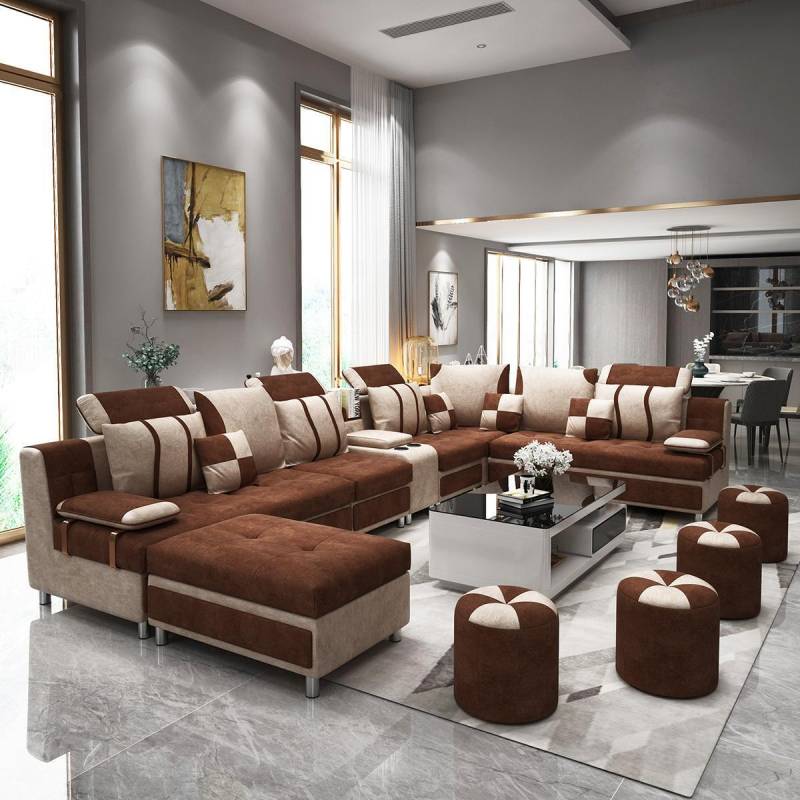 Sofa U-Form Braun Polsterstoff Zum Relaxen im Wohnzimmer Weichen Kissen von JV Möbel
