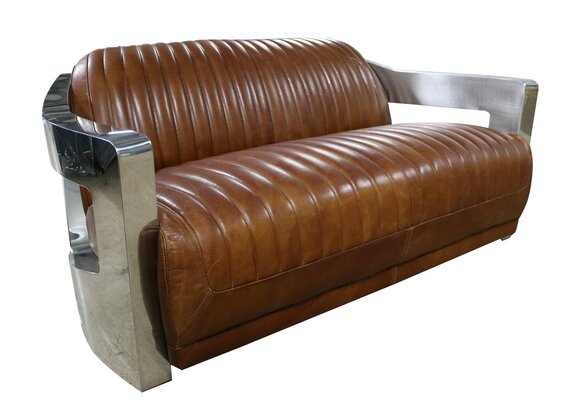 Sofa Vintage 2-Sitzer Ledersofa im Retro Stil Echtleder Aluminium Nieten Möbel von JV Möbel