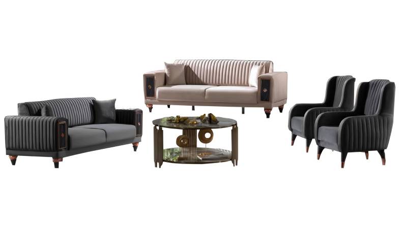 Sofagarnitur Beige-Schwarz Designer 2x Dreisitzer Polstersessel Luxus Möbel von JV Möbel